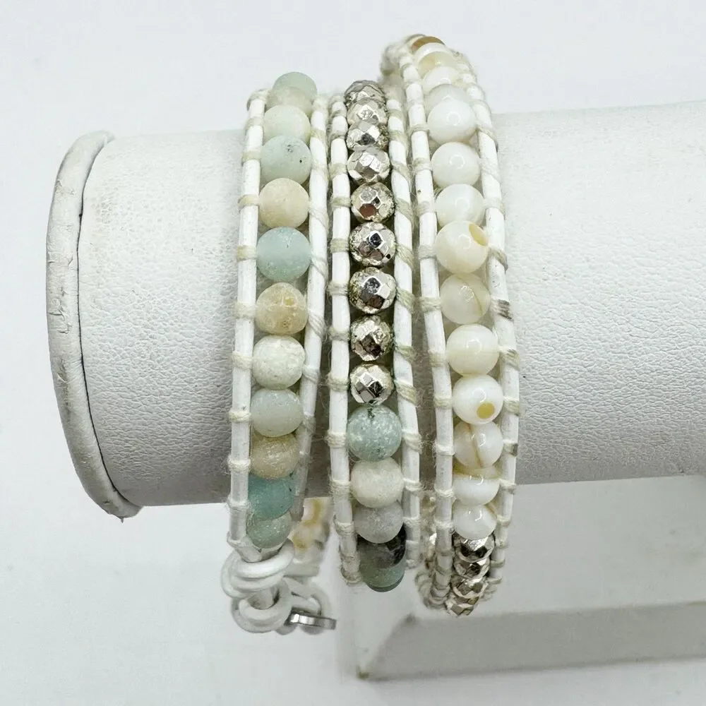 Victoria Emerson White Wrap Bracelet Muted Neutral Teal Stone And Silver Beads